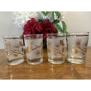 Vintage Libbey Gold Pinecone Lowball Glasses Frosted Mid-Century Barware Holiday
